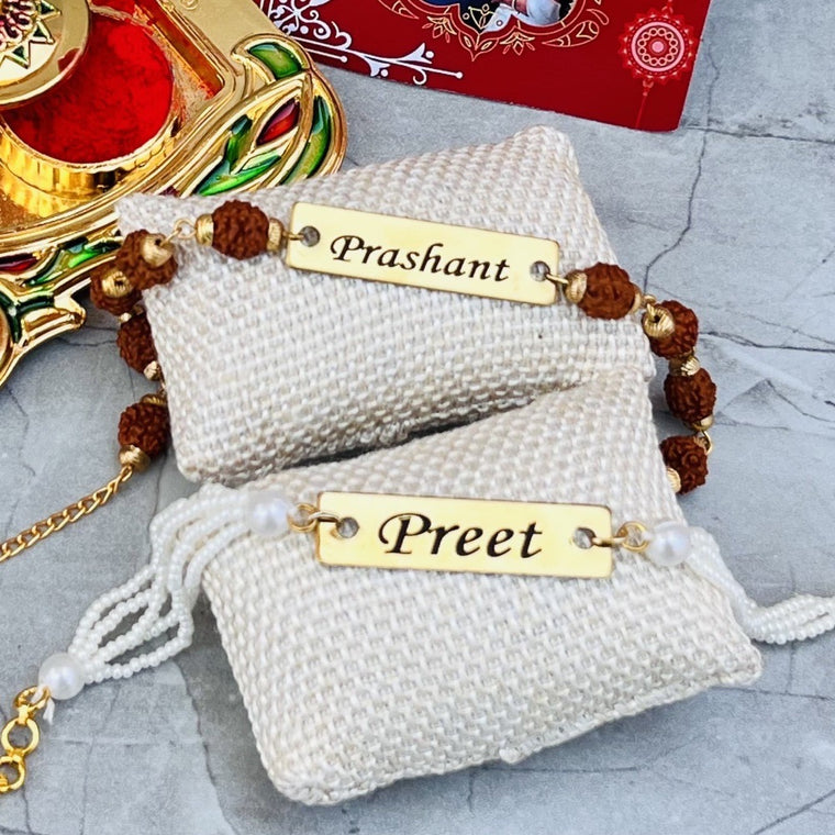 Couple Rakhi Set 4 – Nameplate Rudraksha Rakhi Pair