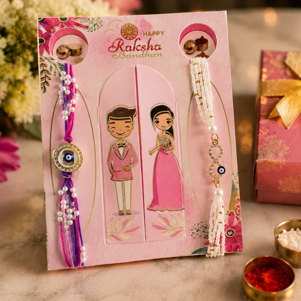 Couple Rakhi Set 3 – Bhai-Bhabhi Card Rakhi (Purple Evil Eye)