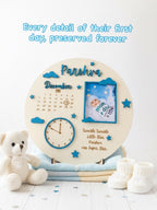 Personalized baby milestone photo plaque with custom baby details