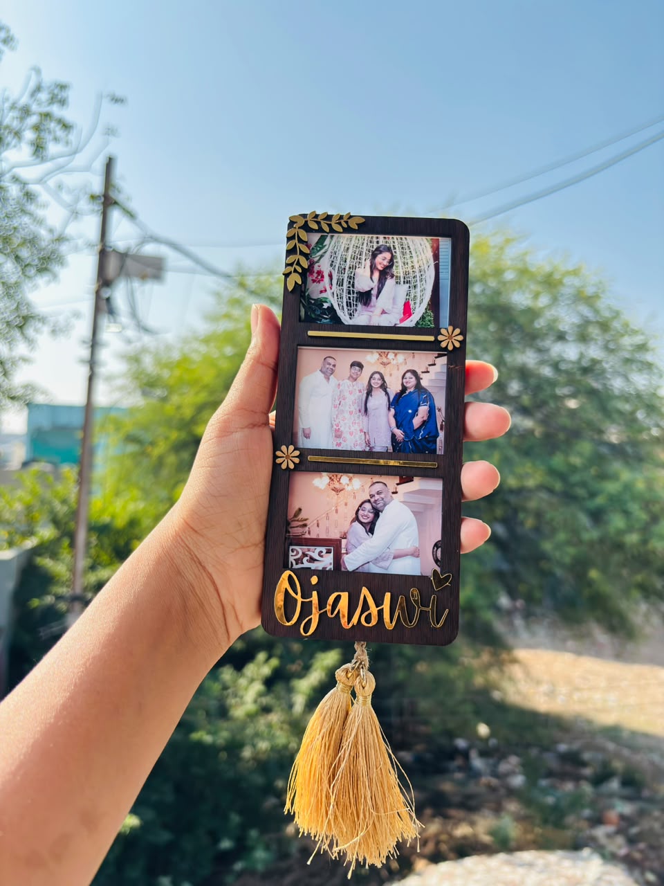 Personalized multi photo frame with tassel and custom name